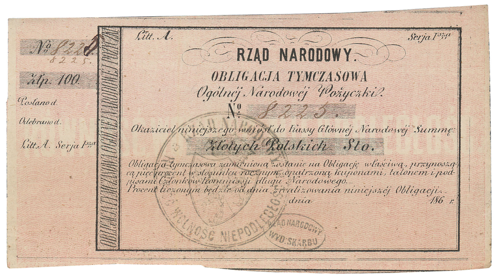 Powstanie Styczniowe. 1863 obligacja 100 zł seria A